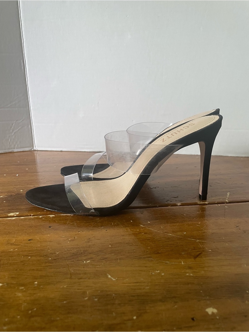 Schutz Black Stiletto Heels Clear Vinyl Straps Size 8 Strappy Open Toe Heel Shoe